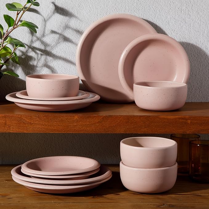 Bloomhouse Corsica Clay 12 Piece Stoneware Rustic Reactive Glaze Dinnerware Set - Stackable Plates and Bowls Set. Service for 4 - Matte Prosecco Blush Pink