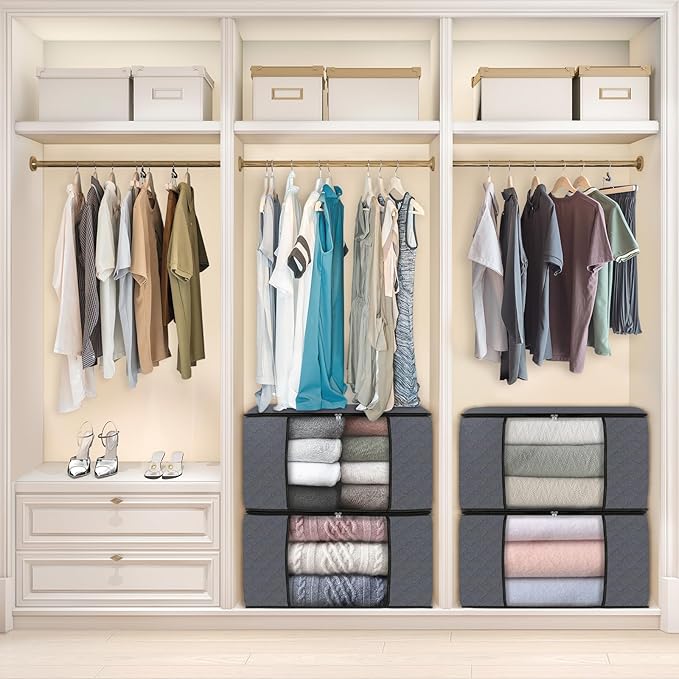 Fab totes 4 Pack Clothes Storage, Foldable Thick Fabric Blanket Storage Bags, Containers for Organizing Bedroom, Closet, Clothing, Comforter,Closet Organization with Handle,Grey