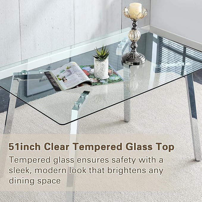 51“ Small Glass Dining Table Set for 4,0.31”Thick Tempered Glass Table Top with 4 Chrome Plate Metal Legs,4 PU Leather Dining Chairs,Modern Kitchen Dinner Room Table Set,for Kitchen Room