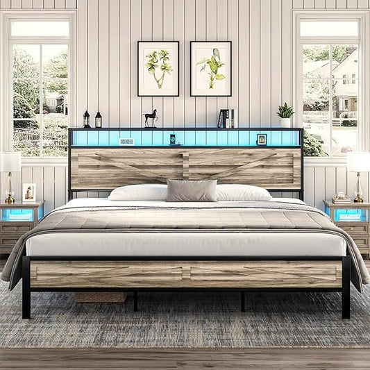 King Bed Frame with LED Lights and Charging Station, Metal Platform Bed King Size with 2-Tier Rustic Barn Door Storage Headboard, Noise-Free, No Box Spring Needed, Easy Assembly, Wash Grey