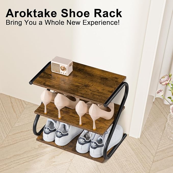 Small 3-Tier Shoe Rack, Z-Frame Wooden Shoe Shelf with Durable Metal Shelves for Hallway, Living Room, Closet, Bedroom (17.2”)