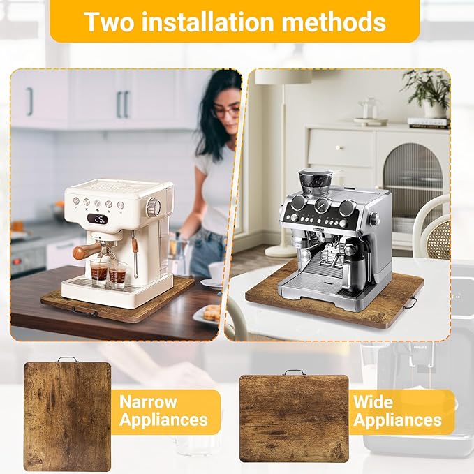 360° Rotatable Sliding Tray for Kitchen Appliances, Wooden Sliding Tray for Coffee Maker, Coffee Pot Slides for Countertop Installation, Easy to Slide (Brown, Large)