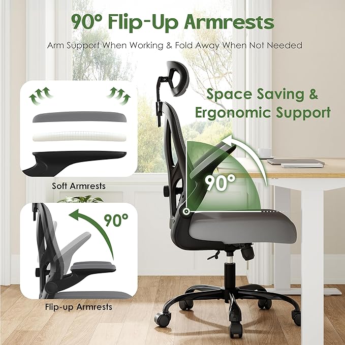 Office Chair Ergonomic Desk Chair - Mesh High Back Office Chair with Headrests Wheels Lumbar Support Home Desk Office Chairs Flip up Armrest Executive Rolling Swivel Task Computer Chair Gray