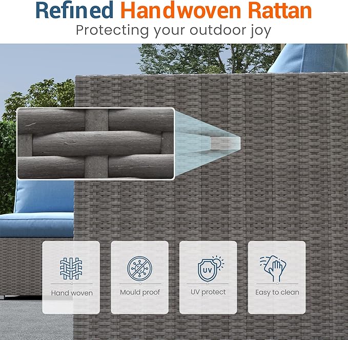 Wisteria Lane Patio Furniture Set for All Wheather, 5 Pieces Wicker Outdoor Furniture Set with Washable Cushions & Fire Pit Table, Oversized Outdoor Sectional for Garden, Poolside, Backyard, Blue