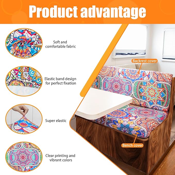 Rv Dinette Cushion Covers,Printing Stretchable Camper Cushion Cover,RV Cushion Slipcover,Rv Couch Cover Replacement for RV Camper Car Bench,2 Backrest Covers and 2 Bench Covers (Bohemia)