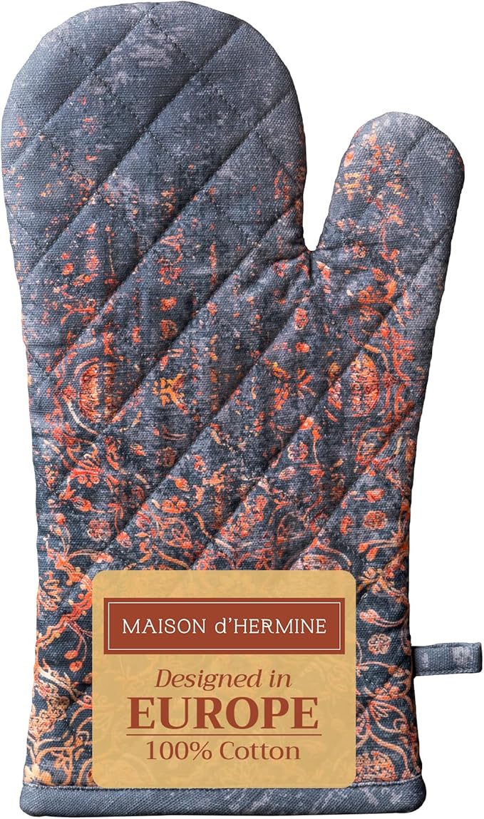 Maison d' Hermine Oven Gloves 100% Cotton Oven Mitt 7" x 13" with Loop Heat Resistant BBQ Cooking Gloves for Thanksgiving Christmas Decorations Baking Handling Hot Pans (Pack of 1, Imperfection)