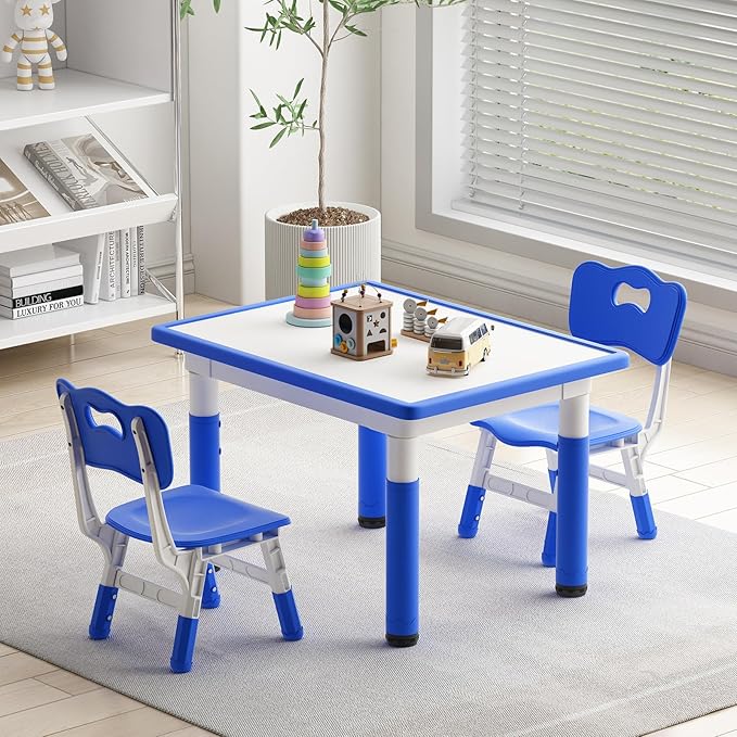 Toddler Table and 2 Chairs, Kids Table and Chair Set Height Adjustable, 31.5''L x 23.6''W Multifunctional Graffiti Desktop for Reading, Drawing, Eating, for Girls & Boys Age 2-10, Blue