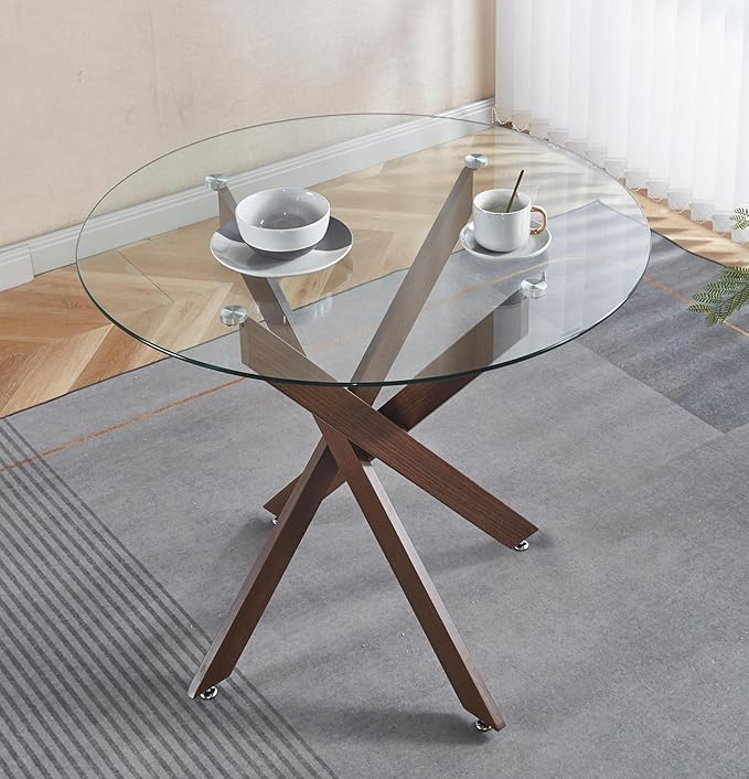 Round Glass Dining Table,Glass Dining Room Table with Tempered Glass Tabletop and Metal Legs, Modern Style Glass Kitchen Table for Home, Kitchen, Dining Room