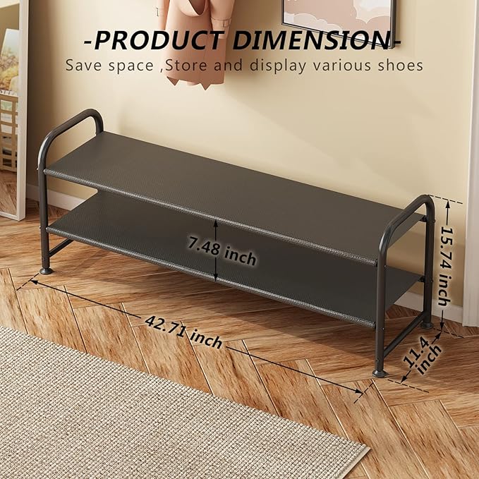 Shoe Rack 2 Tier Long Storage Organizer Wide Metal Shoe Shelf for Closet Entryway Black