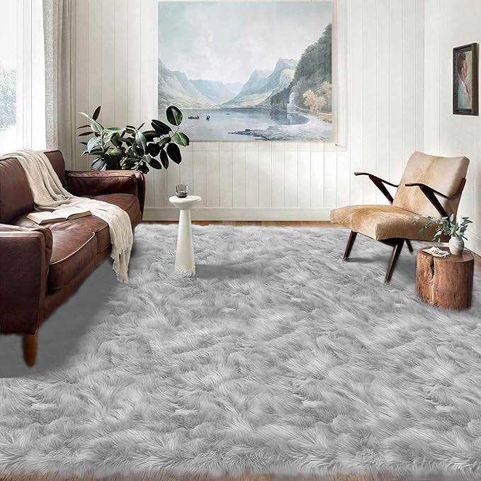 Latepis 12x12 Carpet Grey Faux Fur Rug for Living Room and Bedroom Large Fluffy Rugs Shaggy Fuzzy Rug for Sofa Office Bedroom Home Décor Entertainment Room, Square