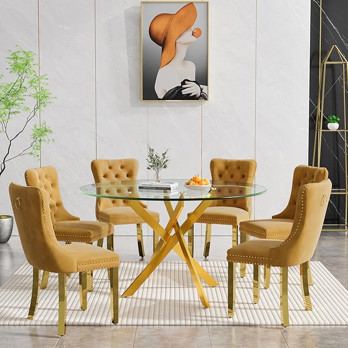 Goujxcy Round Dining Table Set for 6, Modern Glass Kitchen Table and Chairs Set of 6, 7-Piece Dining Room Table Set w/47 Circle Gold Glass Dining Table and 6 Upholstered Velvet Chairs