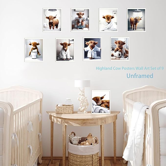 SEHSUVC Funny Bathroom Cow Posters Wall Art Set of 9, Highland Cow Canvas Prints Pictures, Art Animal Restroom Wall Decor for Bathroom Bedroom Babyroom Decoration 8x10In Unframed