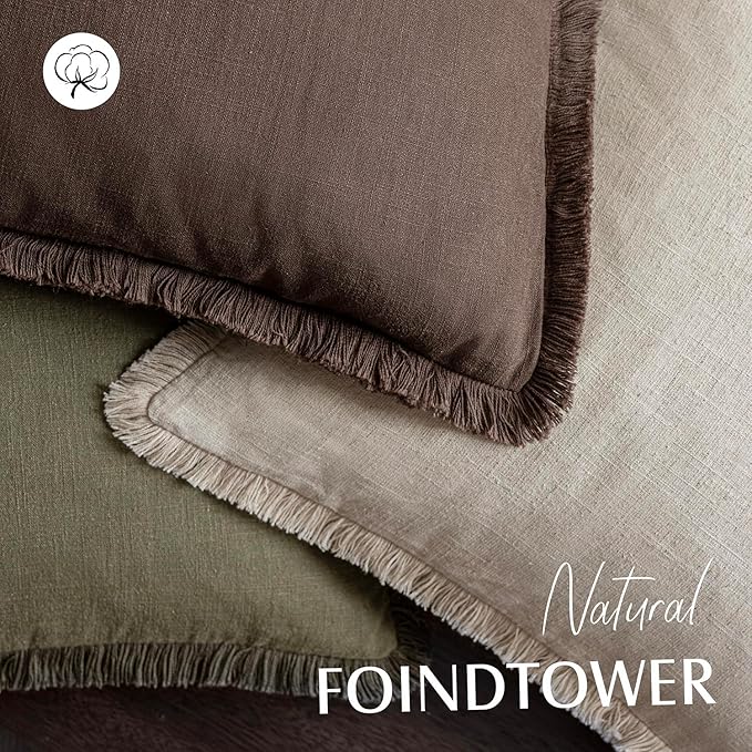 Foindtower Set of 2 Decorative Linen Fringe Throw Pillow Covers Boho Farmhouse Cushion Cover with Tassels Soft Accent Pillowcase for Couch Sofa Bed Living Room Home Decor,24×24 Inch,Reddish Brown