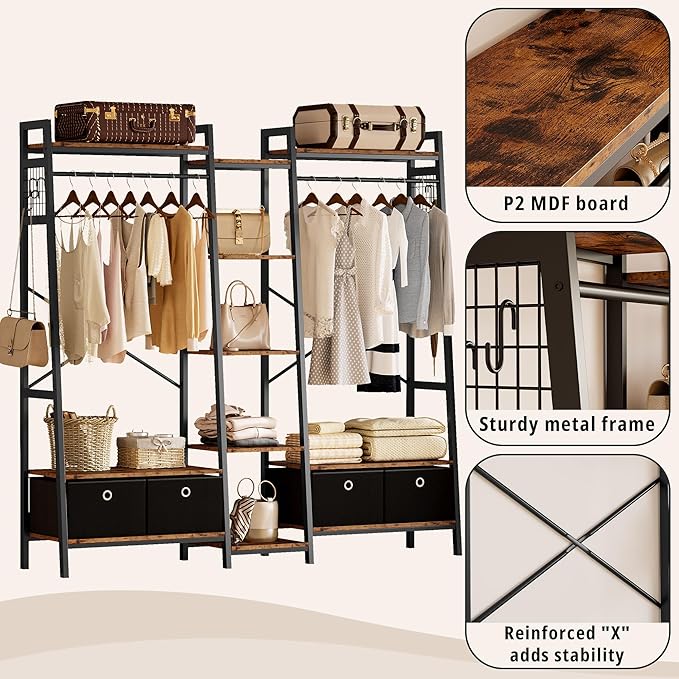 IRONCK Garment Rack and Storage Shelves, Heavy Duty Closet Rack with Hanging Rods,4 Drawers, T Shaped Coat Rack Closet Organizer, Vintage Brown