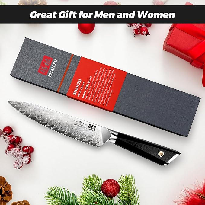 SHAN ZU Damascus Chef Knife 6 inch,67-Layer Japanese Steel 10Cr15CoMoV Kitchen Knife, High Carbon Super Sharp Japanese Chef Knife, All Purpose Professional Kitchen Utility Petty Knives with G10 Handle