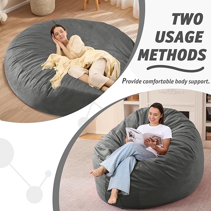 7FT Bean Bag Chair with Ultra Soft Velvet Cover Bean Bag Sofa with Memory Foam Bean Bag Chairs with Large Size Lazy Sofa for Dorm Office Living Room Bedroom Light Grey 7'