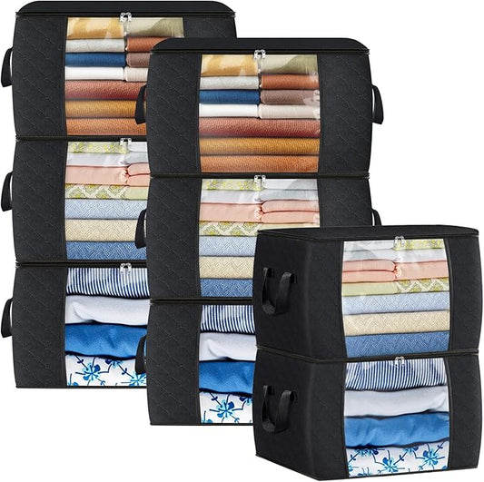 Fab totes 90L Clothes Storage, Foldable Thick Fabric Blanket Storage Bags, Containers for Organizing Bedroom, Closet, Clothing, Comforter, Organization with Handle (8 Pack,Black)