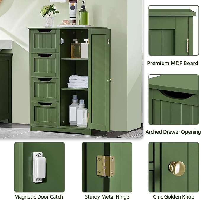 Yaheetech Wooden Bathroom Floor Cabinet, Side Storage Organizer Cabinet with 4 Drawers and 1 Cupboard, Freestanding Entryway Storage Unit Console Table, Bathroom Furniture Home Decor, Green