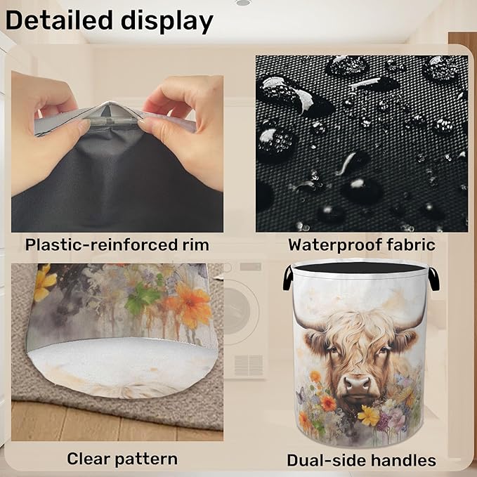 Highland Cow Summer Flowers Large Clothes Hamper Bag - Laundry Basket with Handles, Space Saving Foldable Design for Nursery
