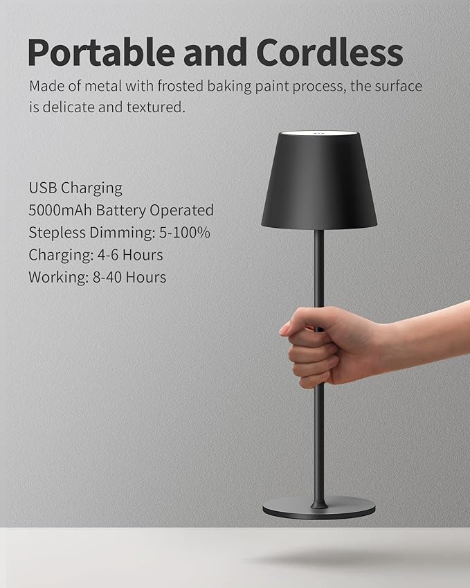 PUSU Cordless Rechargeable Table Lamp Set of 2, 4000mAh Battery Powered LED Desk Lamp, 3 Color Stepless Dimming Up, Portable Table Light Lamp for Bedroom Restaurant Outdoor (Black)