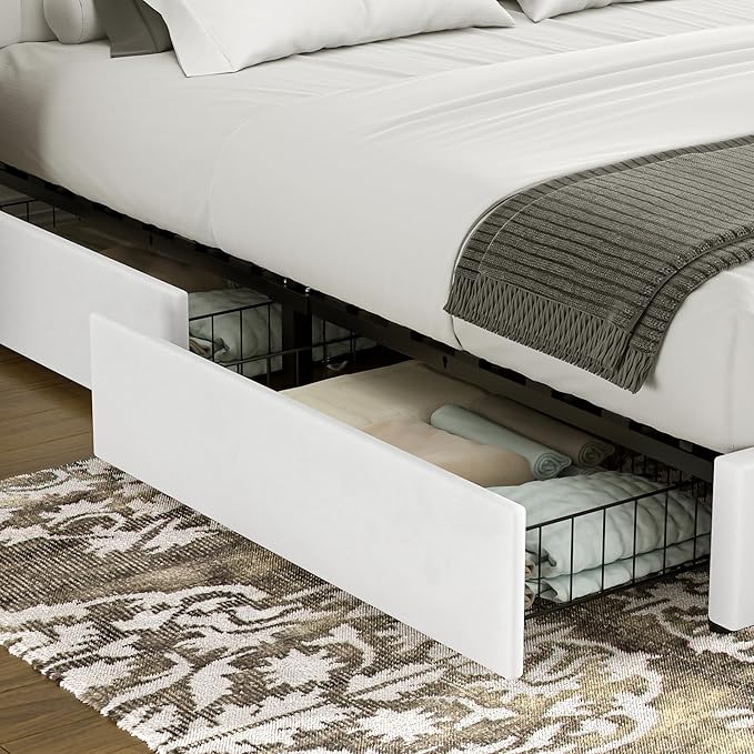 VECELO King Size Upholstered Bed Frame with 4 Drawers and Headboard, Velvet Platform Storage Bedframe, Wooden Slats Support, No Box Spring Needed,Snow-White