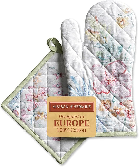 Maison d' Hermine 100% Cotton Oven Mitt & Pot Holder Set (7.5"x13" & 8"x8") Heat Resistant BBQ Cooking Gloves with Loop, Baking, Grilling, Kitchen, Handling Hot Pans Spring/Summer (Paradise Island)
