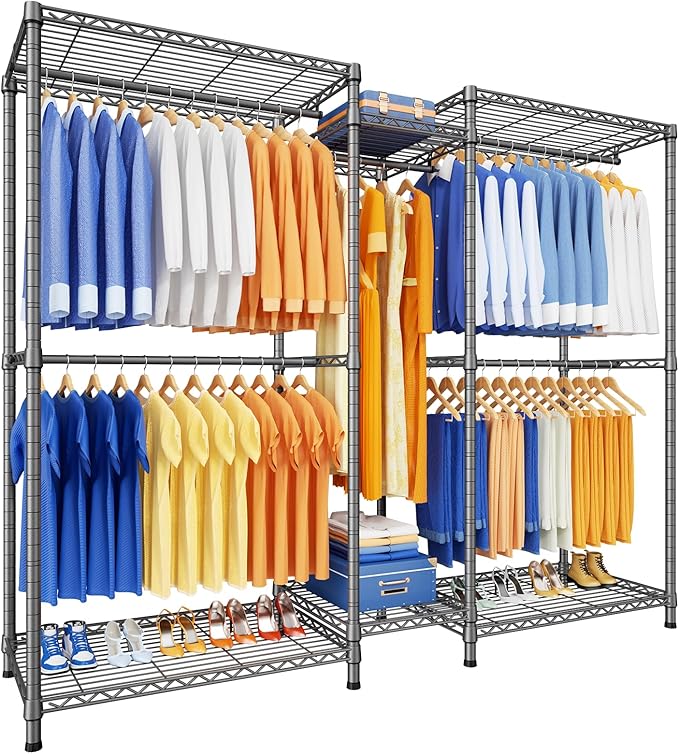 Ulif E12 Clothes Rack，Heavy Duty Freestanding Garment Rack with Shelves，Metal Clothing Closet Storage System for Hanging Clothes，71" W x 16" D x 76.5" H, Hold 960 lbs，Grey