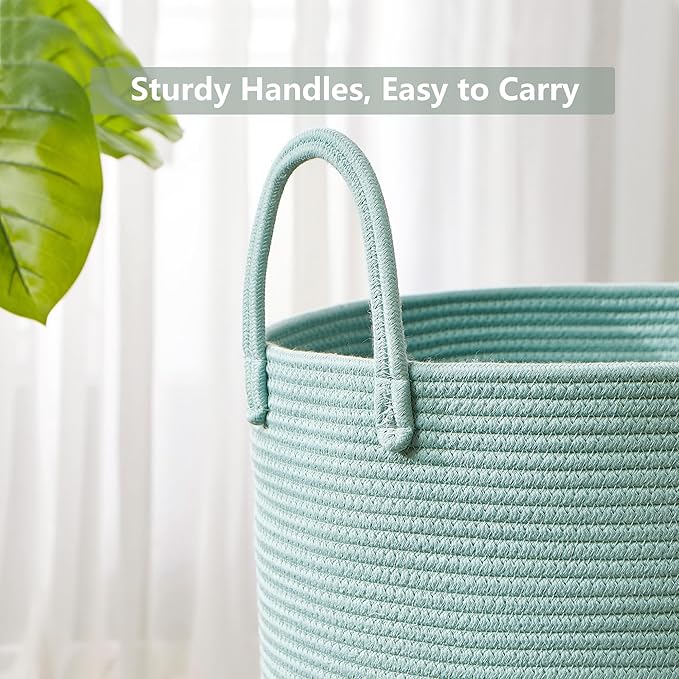 15Dx20H inches Tall Green Hamper Cotton Rope Laundry Basket Woven Hamper for Clothes Blanket Storage in Bedroom Livng Room for Baby Nursery Kids Toys Organize 60L Capacity