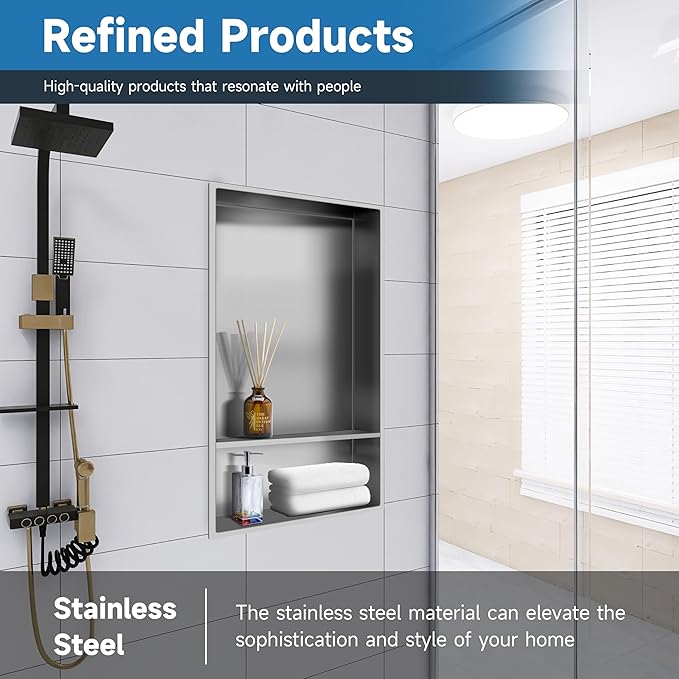 12" X 25" Stainless Steel Shower Niche Insert Tile Ready, Niche for Shower Wall, 2-Tier Recessed Shelves No Tile Needed for Bathroom Storage, Brushed Nickel