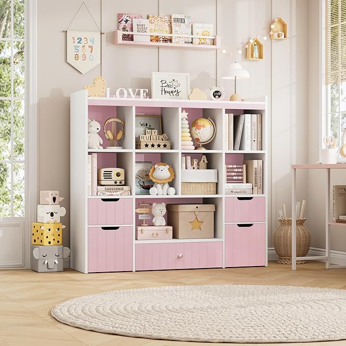 HORSTORS 48" W Kids Toy Storage Organizer, Large Toy Storage Chest with Removable Bins, 46" H Kids Bookshelf and Bookcase with Drawers for Boys and Girls, Modern Toy Box for Playroom, Classroom, Pink