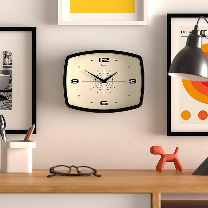 JONES CLOCKS® Movie Wall Clock | Rectangular Retro Clock | 10 inch | Black | Cool mid-Century Designer Look for Kitchen, Living Room or Office