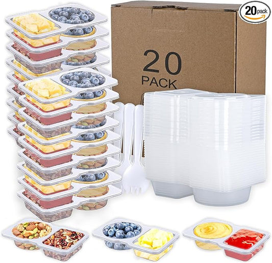 20 Pack Reusable Snack Containers with Lids - Double Compartment Sauce Cups with 20 Forks, Microwave Safe Portion Control Containers for Meal Prep, Take-out, Party & Travel