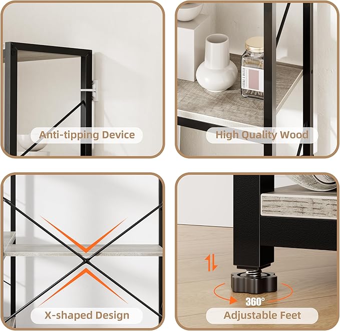 Shintenchi 5 Tier Corner Bookshelf,L Shaped Bookcase,Large Etagere Bookcase,Corner Shelf Display Storage Rack with Metal Frame for Living Room Bedroom Office,Grey