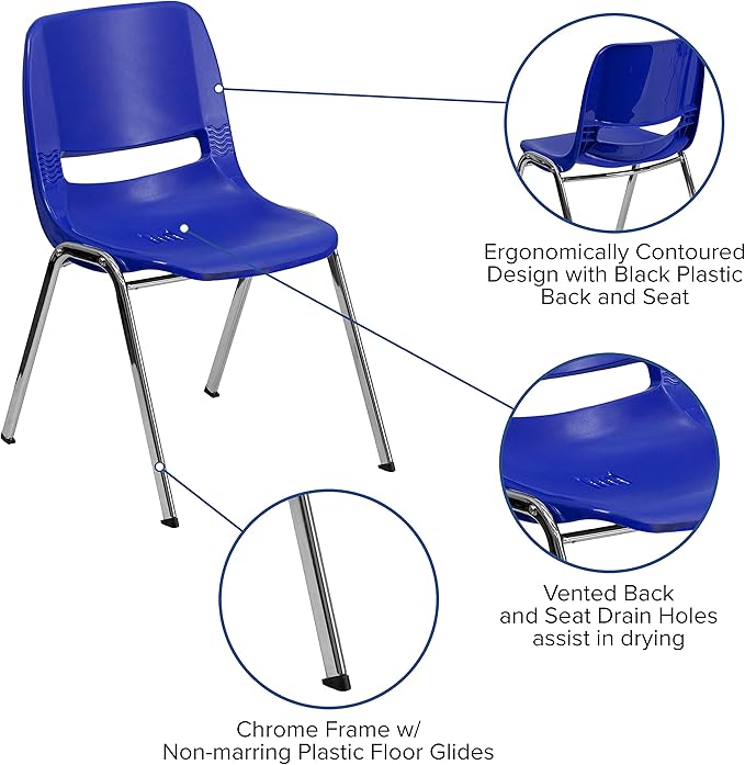 EMMA + OLIVER Kid's Navy Ergonomic Shell Stack Chair - Chrome Frame and 14"H Seat