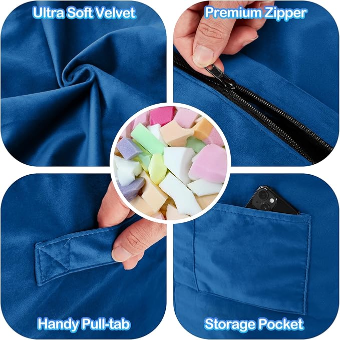 Homguava 5FT Bean Bag Chair Giant BeanBag with Memory Foam Filled, Comfy Bean Bag Chairs for Adults, Adult Bean Bag Chair with Dutch Velvet Cover for Living Room Bedroom-Blue