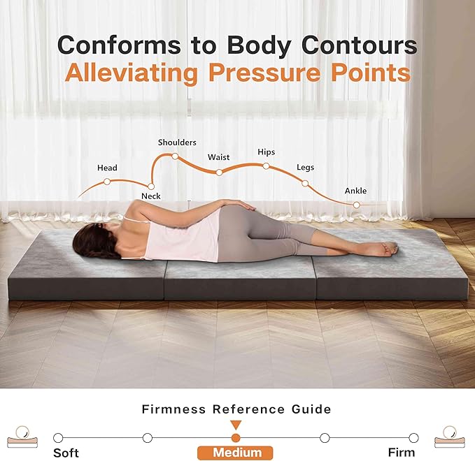 Tri-Fold Memory Foam Mattress, 6 inch Full Folding Mattress with Washable Covers, Reversible Design, Foldable Mattress Topper for Travel&Guests 75" x 52" x 6"