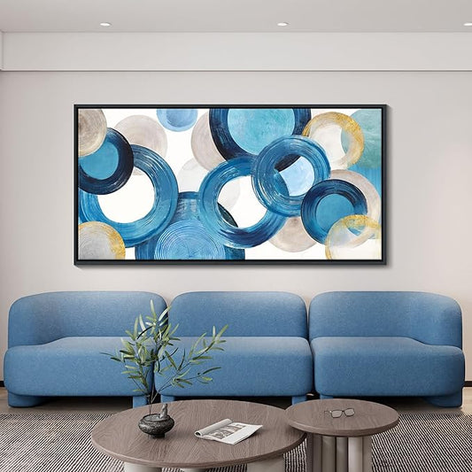 HKDGOKA Abstract Canvas Wall Art Bedroom Large Wall Art for Living Room Teal Blue Circle Graffiti Bathroom Pictures Ready to Hang for Kitchen Office Home farmhouse Decor 24x48 In