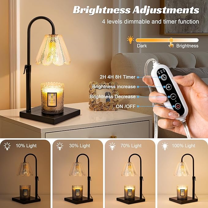 Golden Floral Candle Warmer Lamp with Timer & Dimmable Light - Adjustable Height Jar Candle Melter with Ebony Wooden Base, Home Decor Gift Set (Includes 2 Bulbs)