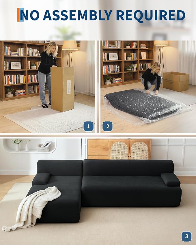 108" Cloud Sectional Couch with Chaise - Super Fluffy Boneless Sofa, Ultra Soft Corduroy L Shaped Couch Bed, Creates Cozy Atmosphere. Perfect Comfy Couches for Living Room, No Assembly Required, Black