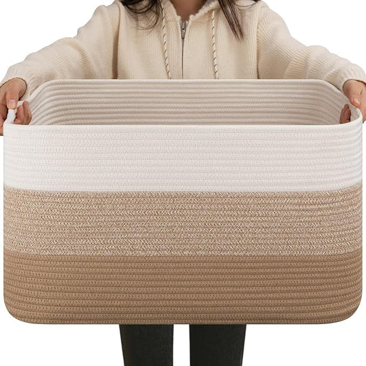 OIAHOMY Large Blanket Basket For Living Room, Rectangle Woven Baskets for Storage, Nursery Toy Storage With Handle-22”x17”x12”-Gradient Light Yellow