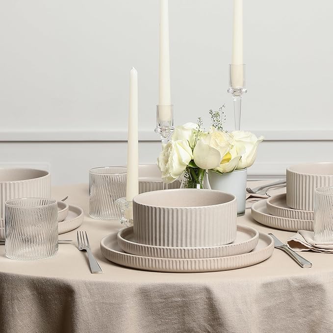 Stone Lain Haven Stoneware 16-Piece Dinnerware Set, Plates and Bowls Sets for 4, Dish Set, Includes Dinner sets, Salad Plates, Cereal Bowls, Glassware, Microwave & Dishwasher Safe, Beige