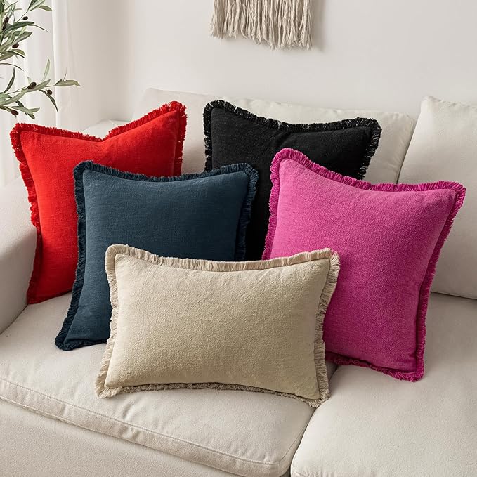 MIULEE Decorative Throw Pillow Covers Neutral Linen Fringe Throw Pillows Euro Shams Set of 2 Hot Pink Boho Farmhouse Cushion Covers for Couch Sofa Bed Living Room Spring Home Decor 22x22 Inch