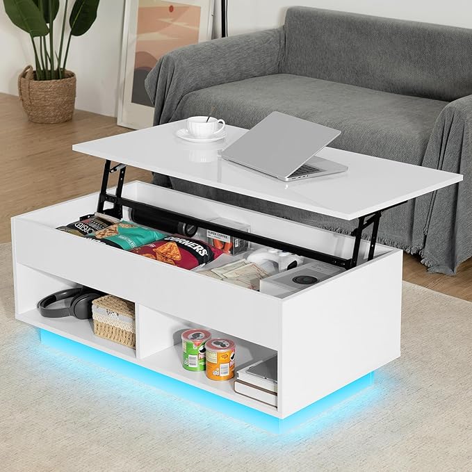 HOMMPA Lift Top Coffee Table with Storage for Living Room, Modern High Glossy LED Coffee Table, 3 Tiers Wood Center Tea Table with 2 Open Shelves, White