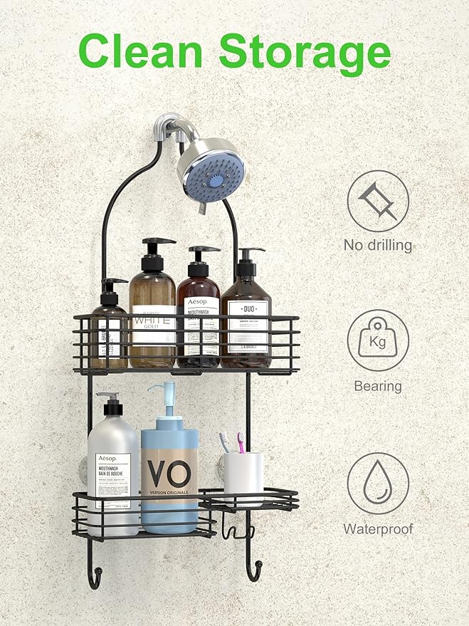 SMARTAKE Hanging Shower Head Caddy, Rustproof Bathroom Shower Shelf Organizer, SUS201 Stainless Steel Over The Storage Rack, for Toilet, Bathroom, Black