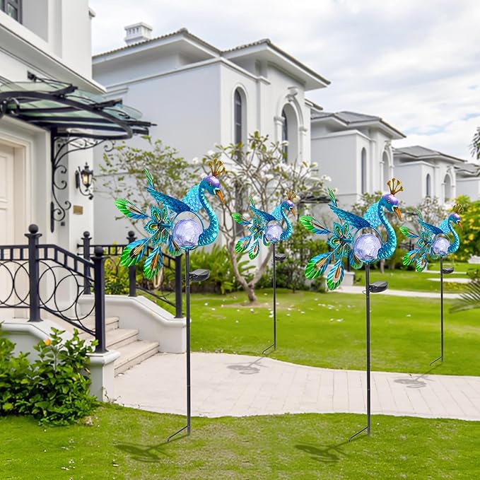 Peacock Solar Light Wind Spinner Outdoor Garden Decoration, Waterproof Garden Stake LED with Cracked Glass Ball, Gift for Mom, Father's Day Gift, Lawn Ornaments for Pathway, Patio, Yard Decor Outdoor