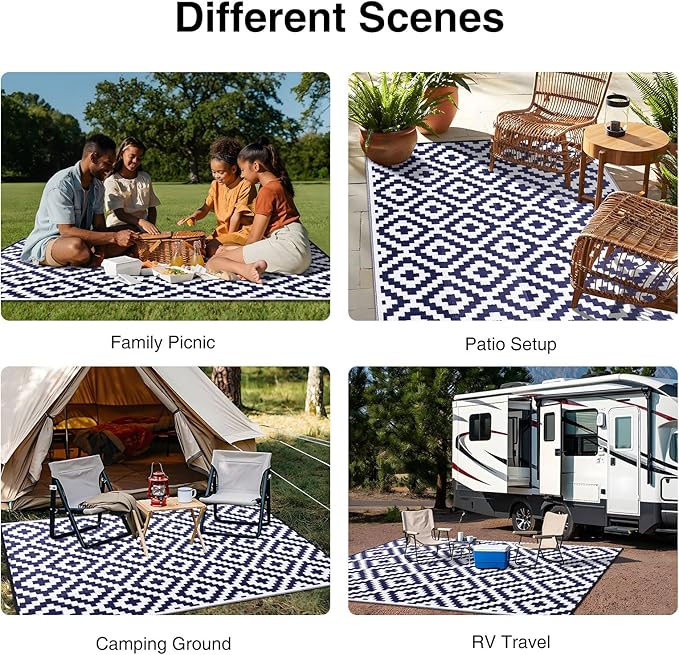 OLANLY Waterproof Outdoor Rug 8x10 ft, Outdoor Plastic Straw Rug for Camping, RV Mat Outside, Indoor Outdoor Carpet for Porch, Deck, Backyard, Balcony, Picnic, Navy & White