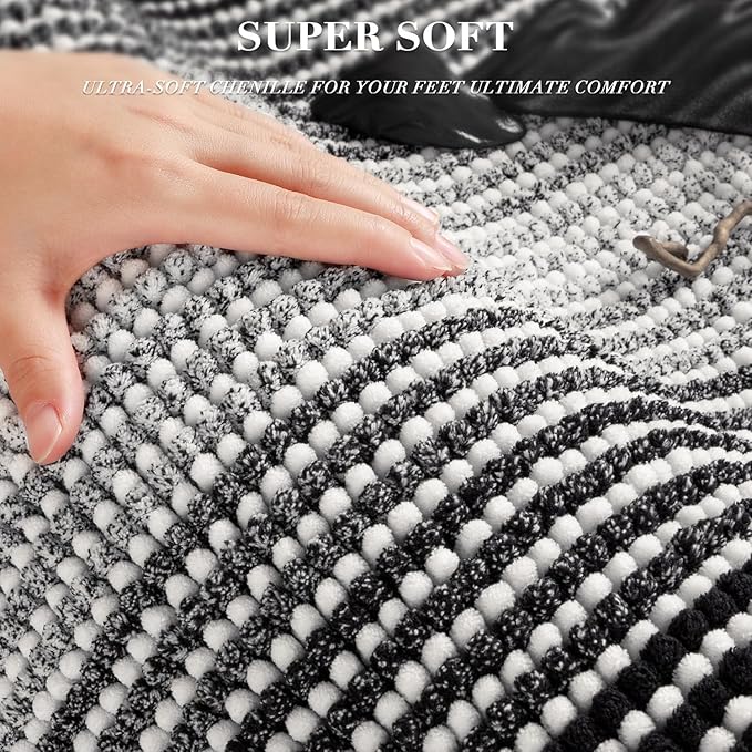 BSICPRO Bathroom Rugs and Mats Sets, 2 Piece Thick Absorbent Chenille Bath Mat Rug Set Non Slip, Soft Shaggy Bath Room Floor Mats for Bathroom, Machine Washable (20" x 47" Plus 16" x 24", Black)