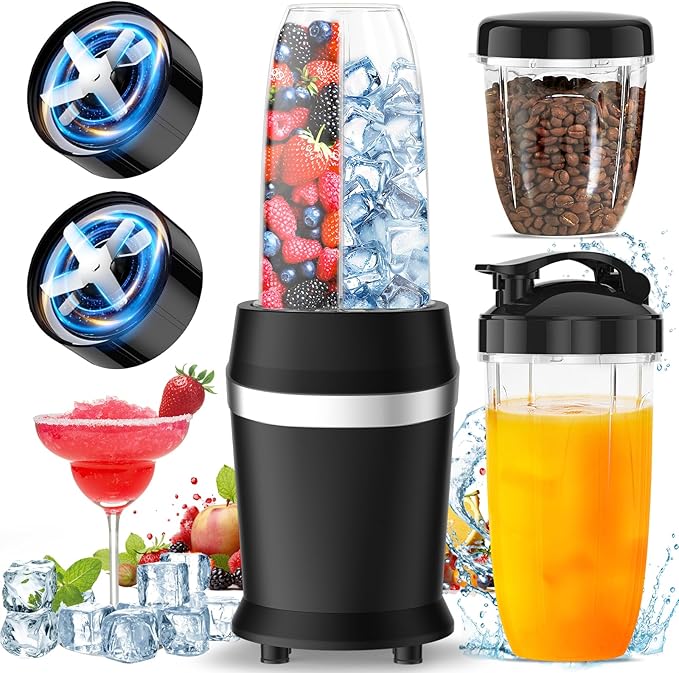 12-Piece Smoothie Blender Maker 25,000 RPM Personal Blender for Ice Crushing Smoothies & Frozen Drinks Nuts with 23oz, 32oz, 37oz Portable Cups Two 6-Leaf Stainless Steel Blades, Matte Black