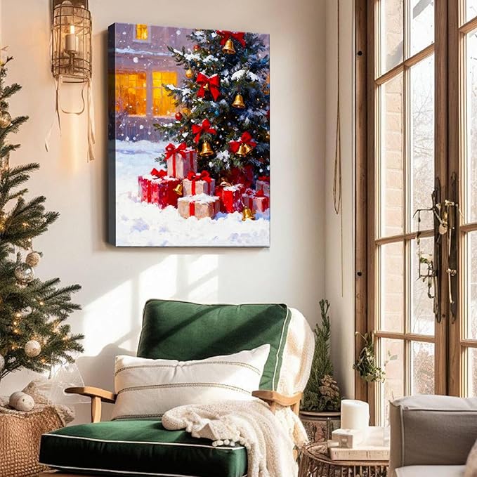 Vintage Christmas Tree and Gifts Box Canvas Wall Art - Festive Framed Print for Home Office Decor, Rustic Christmas Wall Art Picture, Ideal Christmas Gifts & Holiday Decorations