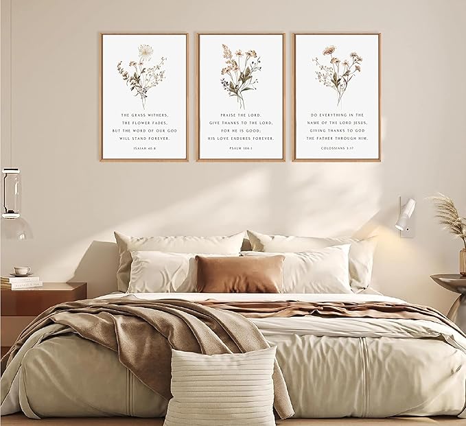 Framed Wildflower Bible Floral Canvas Wall Art Christian Verses Floral Paintings Pictures Decor Botanical Scripture Room Posters Prints for Bedroom Living Room Office Christian Scene Home Decorate